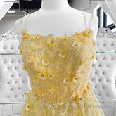 Shiny Yellow Lace Floral Semi Formal Prom Dresses, Shiny Yellow Lace Floral Formal Evening Dresses